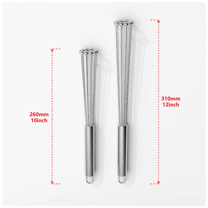 Fouet à œufs inox 304 - durable, éco-friendly et performant. Deux fouets inox 10 et 12 pouces avec poignée argentée et anneau