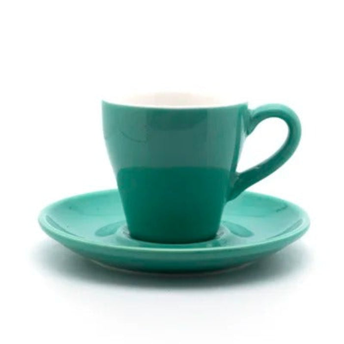 Tasse à café tulipe en céramique avec soucoupe 80 ml de couleur verte, parfaite pour savourer votre café.