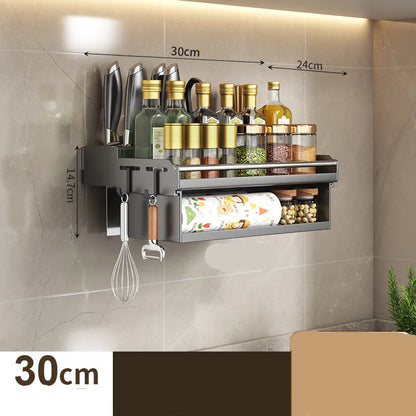 Étagère Murale Cuisine 30/40/50 cm – Rangement Multi-Fonction Ustensile de chef étagère grise avec bocaux et couteaux