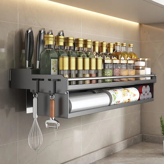 Étagère Murale Cuisine 30/40/50 cm – Rangement Multi-Fonction en acier gris avec bocaux bouteilles couteaux et porte essuie-tout