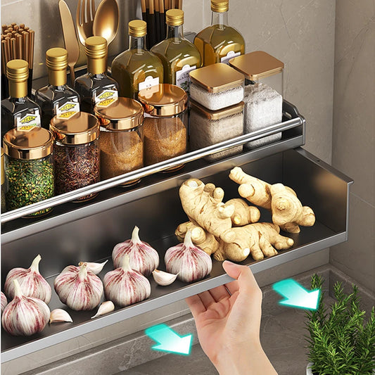 Étagère Murale Cuisine 30/40/50 cm – Rangement Multi-Fonction en inox avec bocaux et épices et tiroir coulissant ail et gingembre