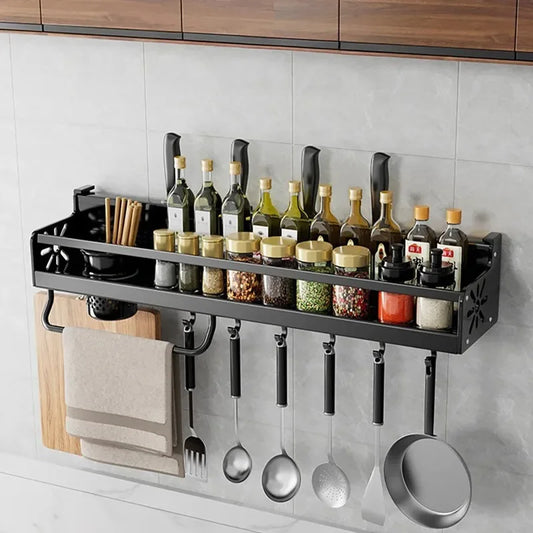 Étagère murale cuisine sans perçage – Rangement métal noir pour bouteilles bocaux ustensiles et crochets