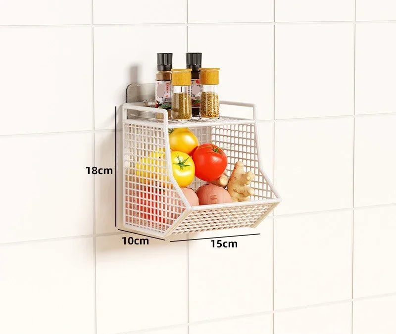 Panier de Rangement Mural Cuisine  – Acier Durable panier blanc en acier avec tomates et flacons d'épices 15x10x18 cm