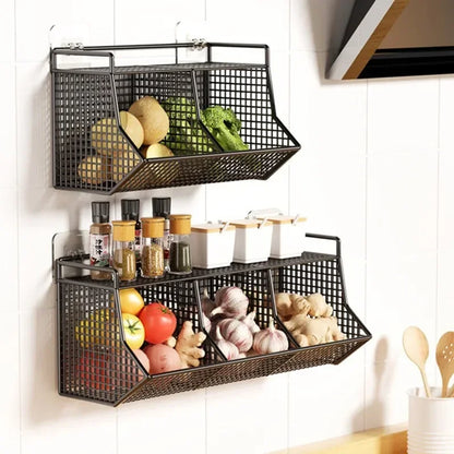 Panier de Rangement Mural Cuisine  – Acier Durable: double panier en acier noir pour fruits légumes et épices monté au mur