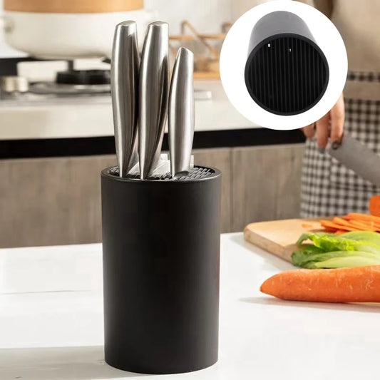 Porte Couteaux Antidérapant — Support Cuisine Durable cylindre noir avec couteaux inox et insert souple pour rangement