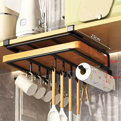 Support de Rangement Inox – Cuisine Organisée étagère sous meuble inox et bois avec crochets pour tasses et porte essuie