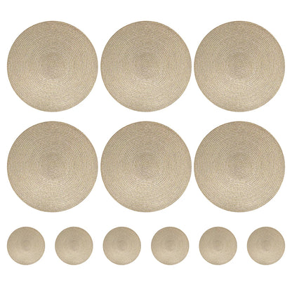 Set 6 Napperons & 6 Dessous de Verre – Tressé, Moderne. Six napperons ronds et six dessous de verre tressés beige pour table