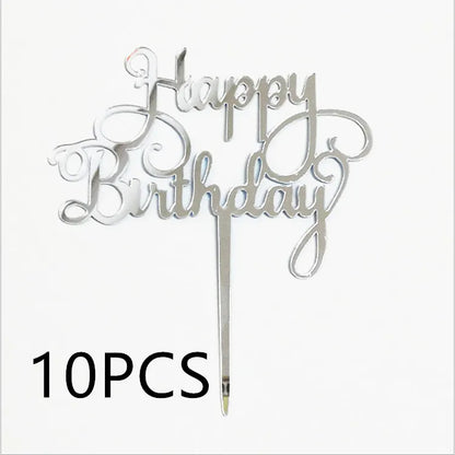 Décoration de Gâteau Acrylique – Lot de 10 Cake Toppers avec inscription Happy Birthday en métal argenté