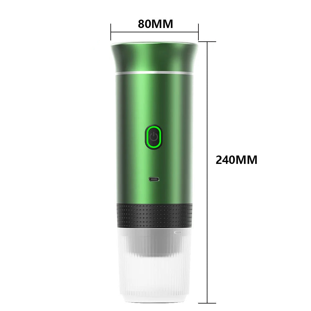 Machine expresso portable rechargeable en vert avec dimensions de 240mm de hauteur et 80mm de diamètre