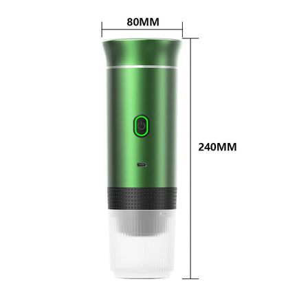 Machine expresso portable rechargeable en vert avec dimensions de 240mm de hauteur et 80mm de diamètre