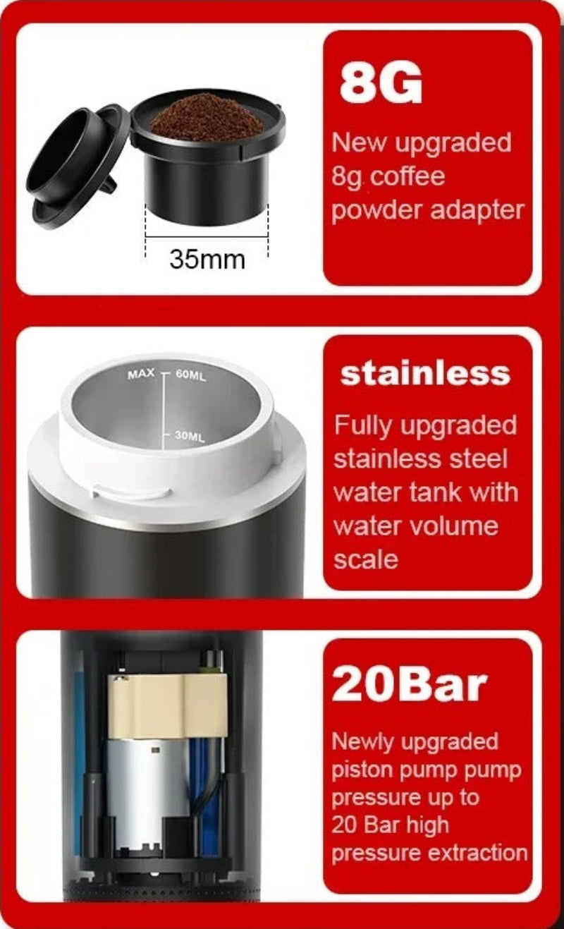 Machine expresso portable rechargeable avec réservoir d'eau en acier inoxydable et adaptateur de café de 8G