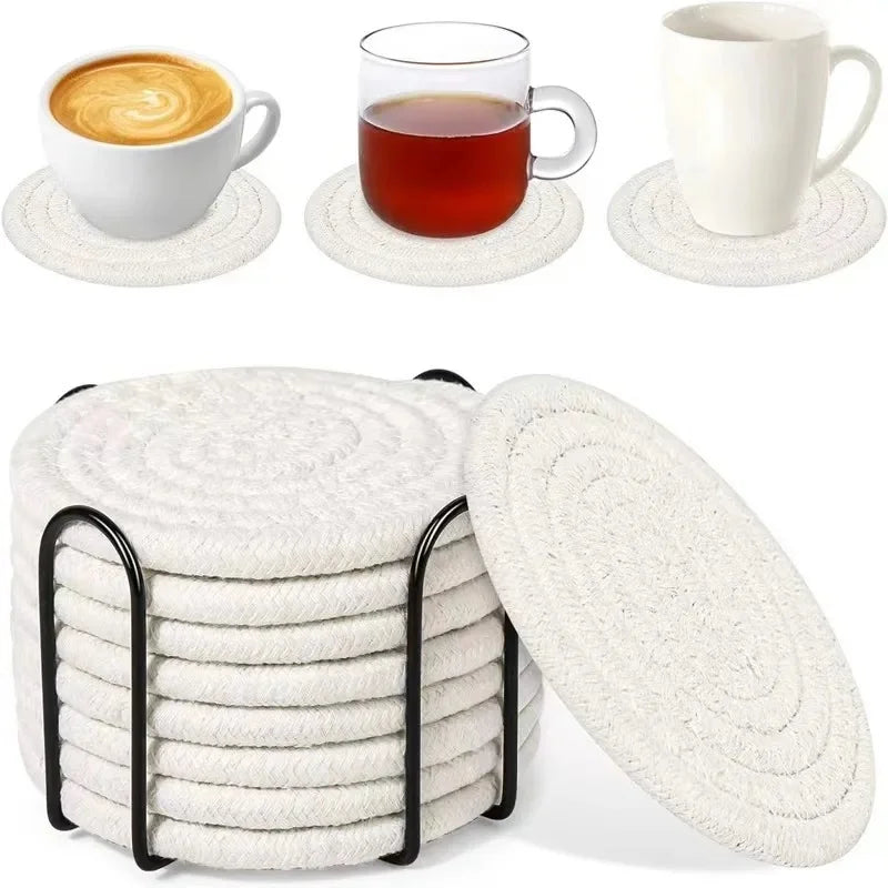 Set de 8 Dessous de verre Corde de Coton en blanc pour protéger vos surfaces de table