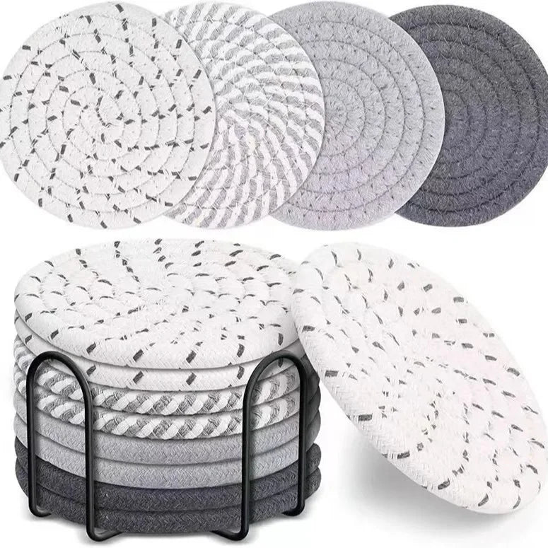 Ensemble de Dessous de verre Corde de Coton en gris et blanc, idéal pour protéger les surfaces et ajouter une touche décorative