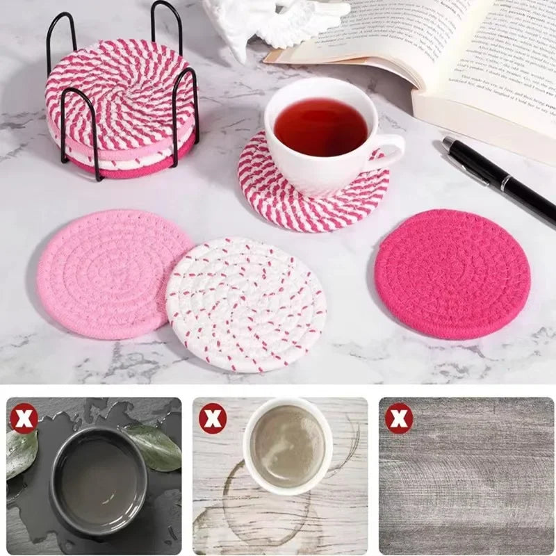 Dessous de verre Corde de Coton 1/8 pcs en rose et blanc avec porte pour café et thé