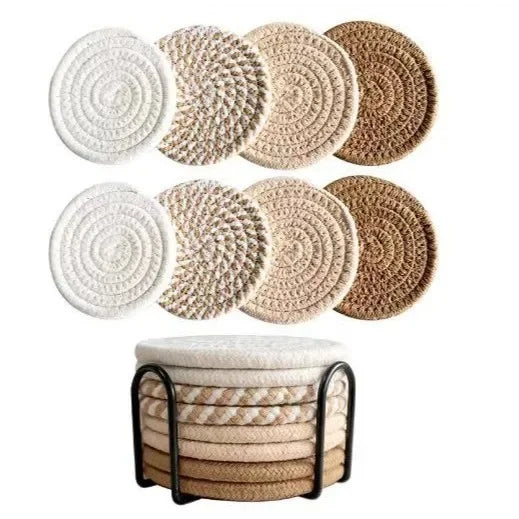 Ensemble de dessous de verre Corde de Coton en 1/8 pcs, design circulaire et naturel, parfait pour protéger vos surfaces.