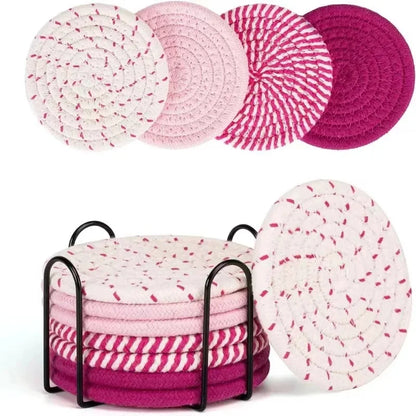 Ensemble de Dessous de verre Corde de Coton en couleurs rose avec support métallique pour la cuisine.