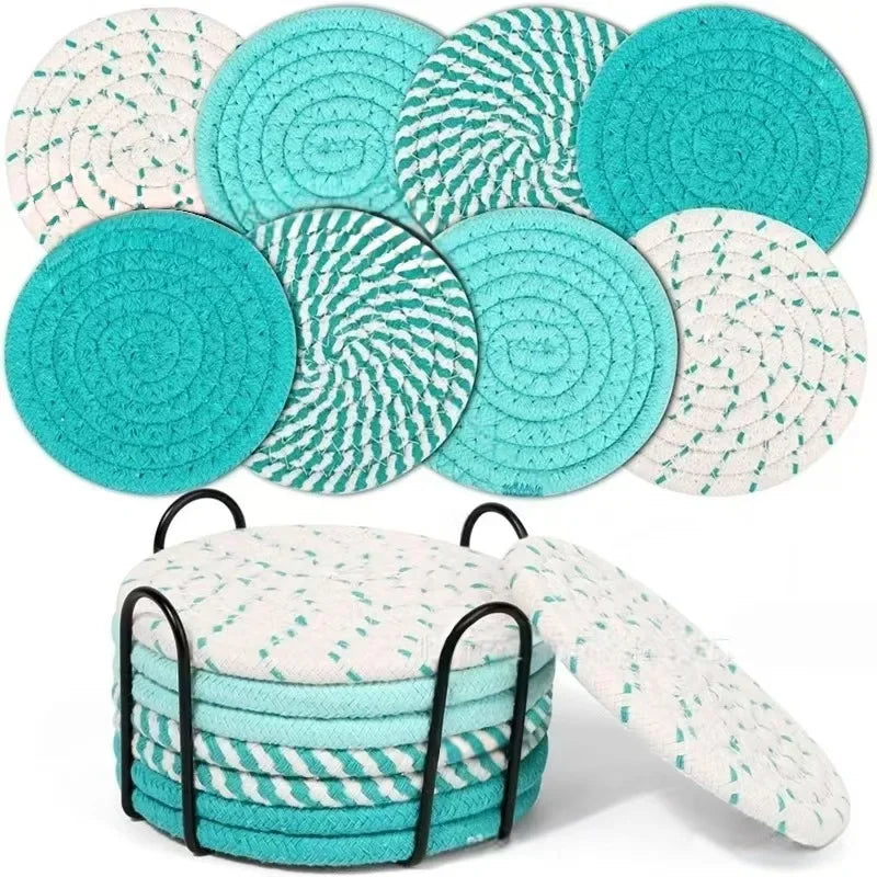 Set de 8 Dessous de verre Corde de Coton en turquoise avec support en métal élégant