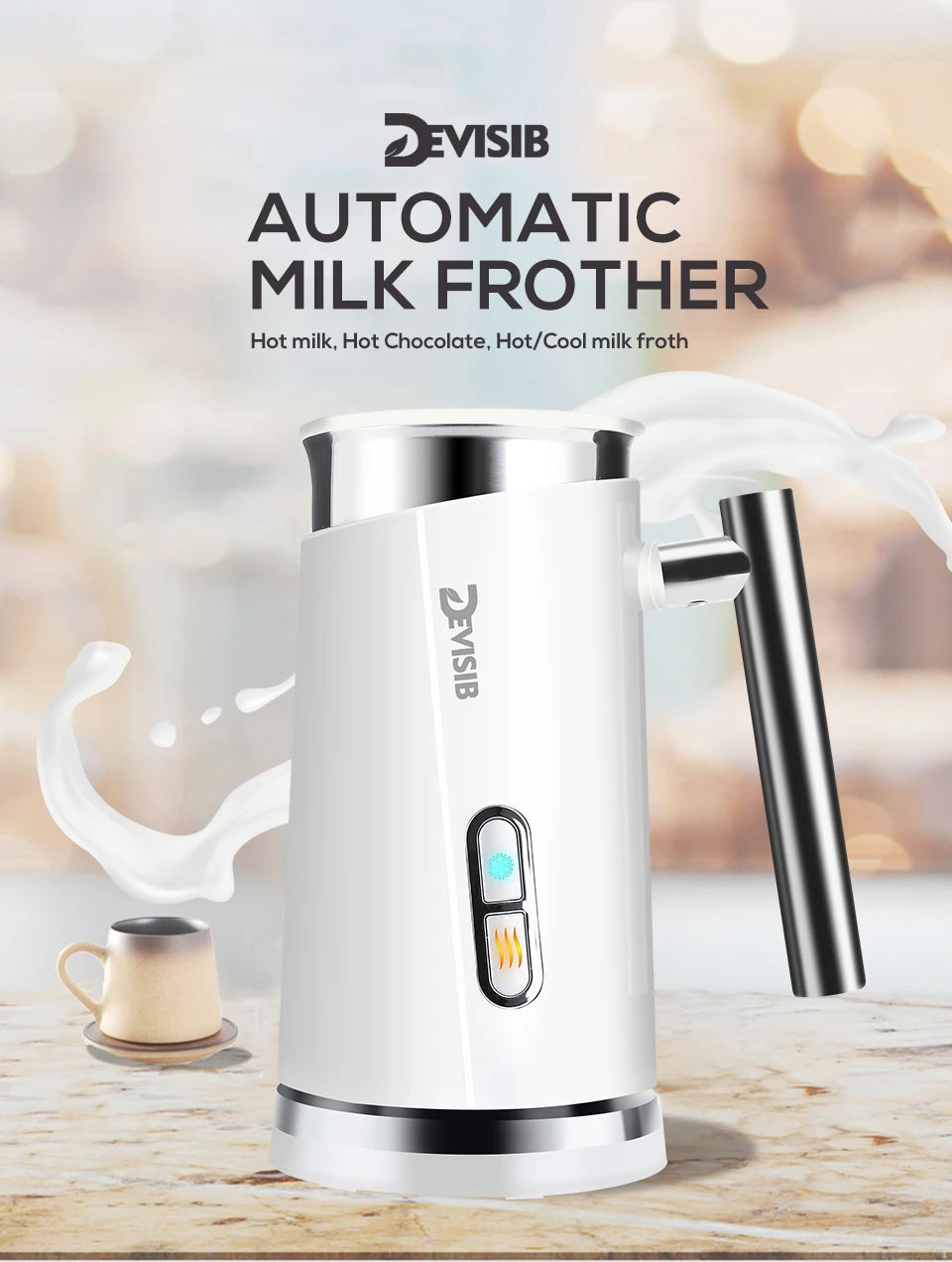 Mousseur à Lait Électrique DEVISIB 3-en-1 300ml 500W avec fonction pour lait chaud et mousse froide