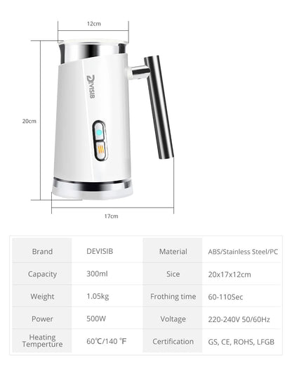 Mousseur à Lait Électrique DEVISIB 3-en-1 300ml 500W en acier inoxydable avec poignée ergonomique