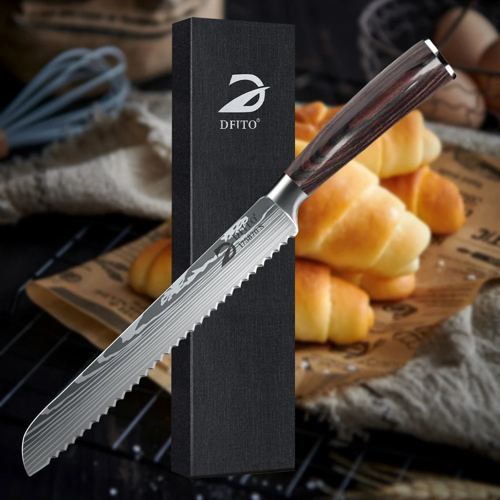 Couteau à Pain Pro Inox 8 – Lame Crantée Ultra Tranchante avec manche en bois foncé et boîte noire DFITO