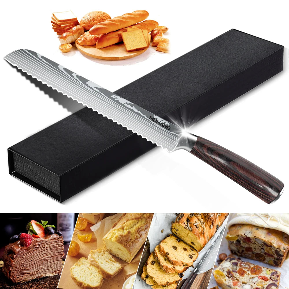 Couteau à Pain Pro Inox 8 – Lame Crantée Ultra Tranchante avec poignée en bois et boîte de rangement noire