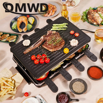 Appareil à Raclette – Plaque Fonte Antiadhésive avec viande grillée et légumes frais sur la table