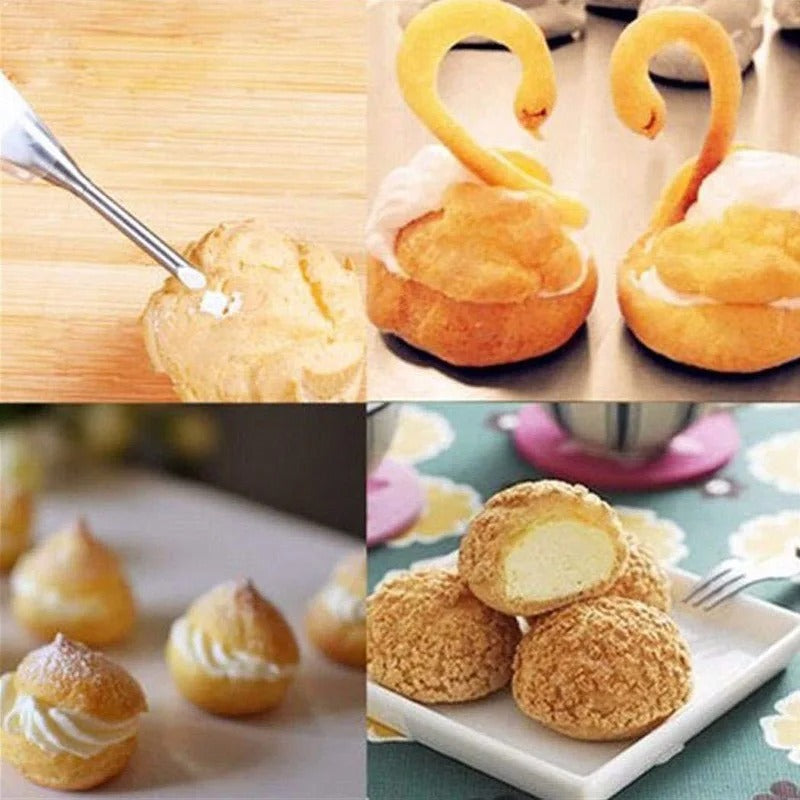 Douille à pâtisserie inox pour décoration cupcakes et gâteaux avec des exemples de crémeux et de choux