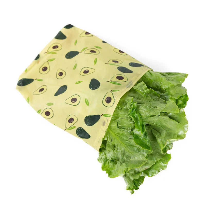 Bee Wraps alimentaires réutilisables en cire d’abeille sac à légumes motif avocat contenant salade verte