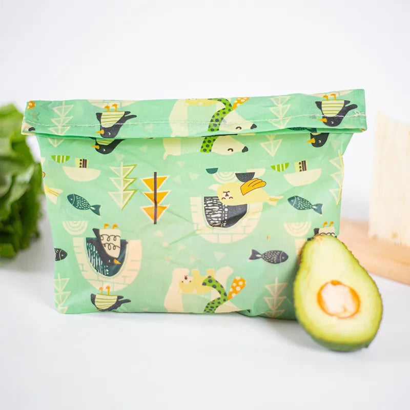 Sac repas réutilisable vert à motif animal avec avocat et Bee Wraps alimentaires réutilisables en cire d’abeille