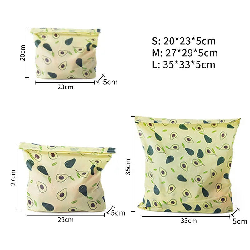 Bee Wraps alimentaires réutilisables en cire d’abeille pochette motif avocat trois tailles S M L avec dimensions affichées