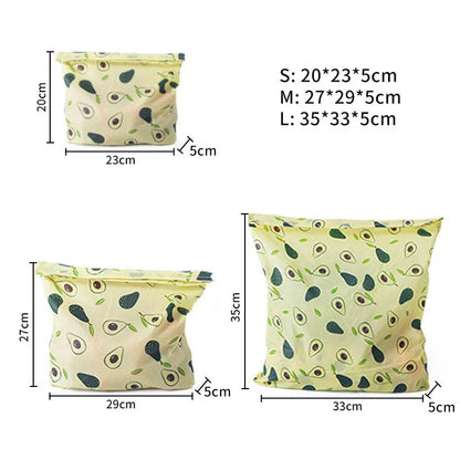 Bee Wraps alimentaires réutilisables en cire d’abeille pochette motif avocat trois tailles S M L avec dimensions affichées