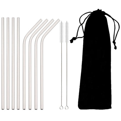 Ensemble de Pailles acier inoxydable réutilisables – Écologiques & durables. 6 droites, 6 courbées, 2 brosses et pochette noire