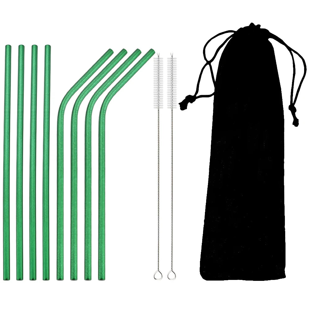 Pailles acier inoxydable réutilisables – Écologiques & durables. Lot 8 pailles vertes droites et coudées, 2 goupillons et pochette