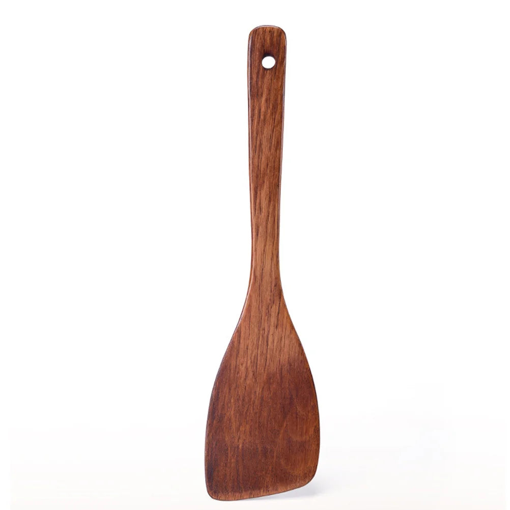 Spatule en Bois Cuisine – Durable & Antiadhésive. Spatule en bois foncé avec manche long et trou de suspension