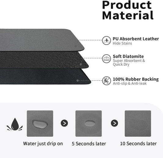Tapis de Séchage Cuisine – Antidérapant, Écologique. Diatomite absorbante et cuir PU, base caoutchouc antidérapante, séchage rapide