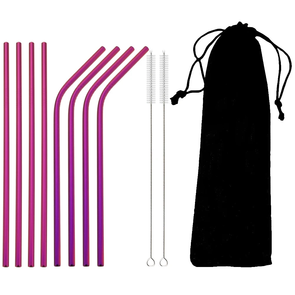 Pailles acier inoxydable réutilisables – Écologiques & durables. 8 pailles roses (4 droites 4 courbées) 2 brosses et pochette