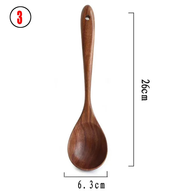 Set d'Ustensiles Cuisine Bois Teck – Durable & Écologique. Cuillère en teck 26 cm, cuilleron 6,3 cm, poignée percée