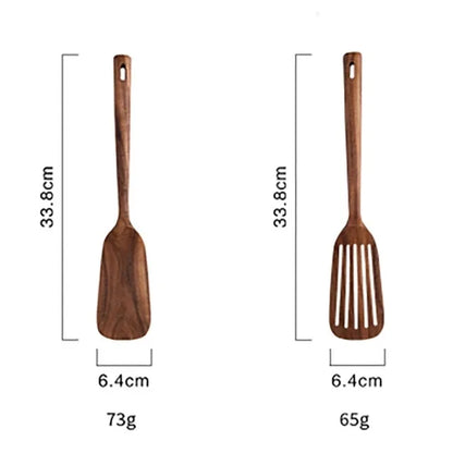 Set d'Ustensiles Cuisine Bois Teck – Durable & Écologique. Deux spatules en teck 33,8 cm, largeur 6,4 cm, poids 73 g et 65 g