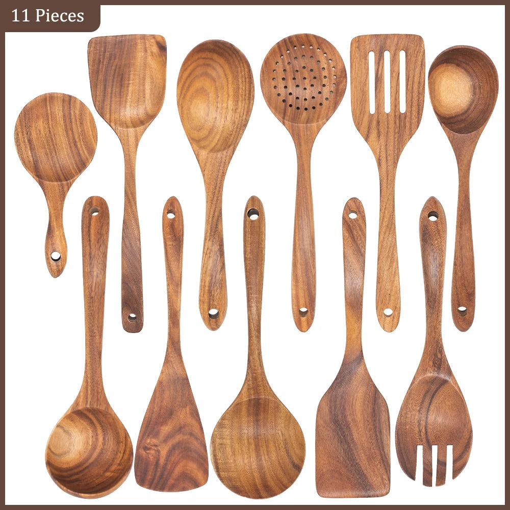 Set d'Ustensiles Cuisine Bois Teck – Durable & Écologique. Ensemble de 11 ustensiles en teck naturel pour cuisine