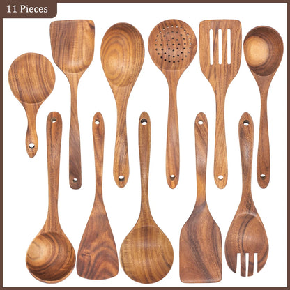 Set d'Ustensiles Cuisine Bois Teck – Durable & Écologique. Ensemble de 11 ustensiles en teck naturel pour cuisine