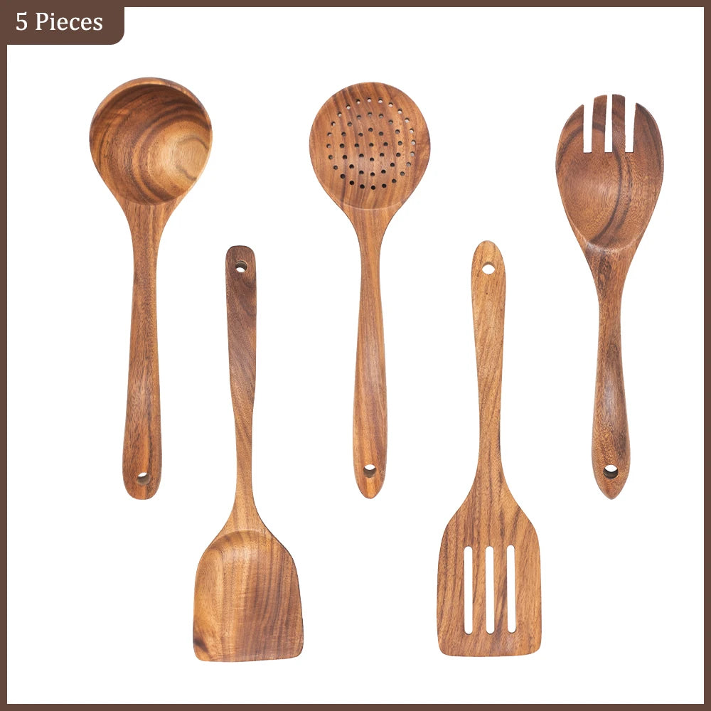 Set d'Ustensiles Cuisine Bois Teck – Durable & Écologique. Ensemble 5 pièces en teck: louche, écumoire, spatule, fourchette