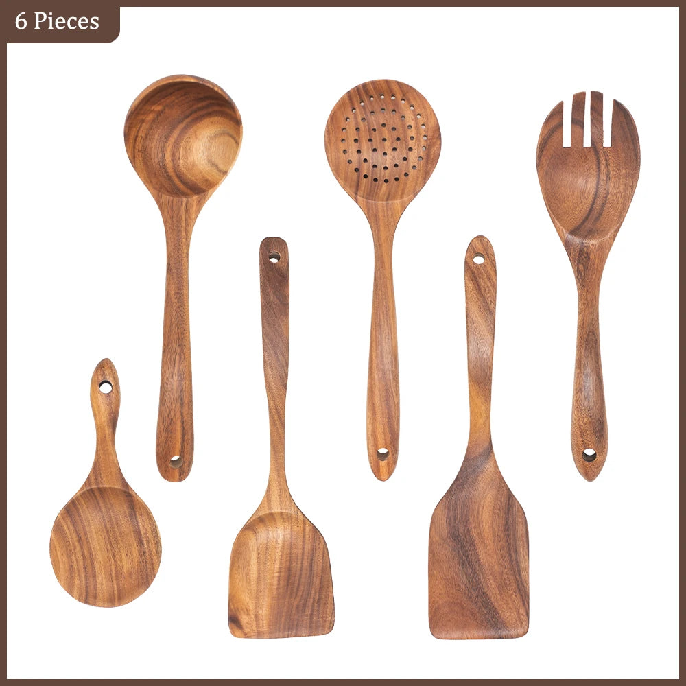 Set d'Ustensiles Cuisine Bois Teck – Durable & Écologique. Ensemble 6 pièces en teck: louche, écumoire, spatule, pelle