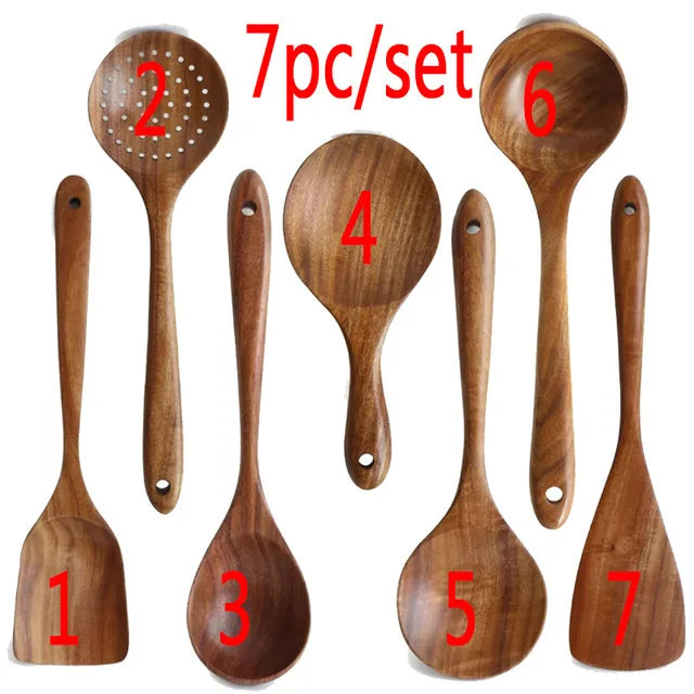 Set d'Ustensiles Cuisine Bois Teck – Durable & Écologique. Ensemble 7 pièces en teck: spatules, cuillères, louche et écumoire.