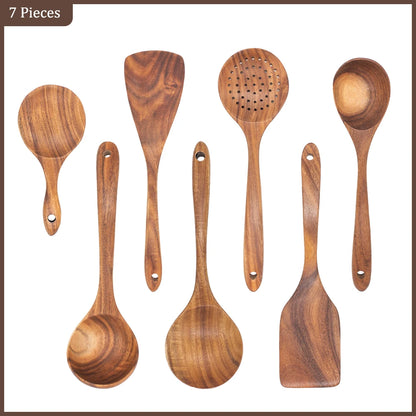 Set d'Ustensiles Cuisine Bois Teck – Durable & Écologique. Ensemble 7 pièces en teck naturel pour cuisson et service