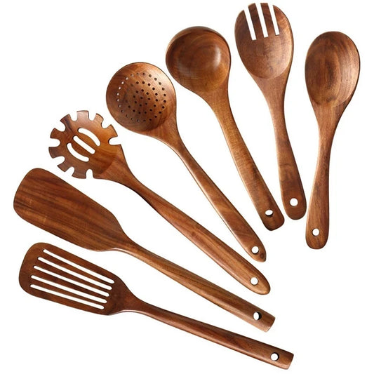 Set d'Ustensiles Cuisine Bois Teck – Durable & Écologique. Ensemble de 8 ustensiles en teck naturel pour cuisiner.