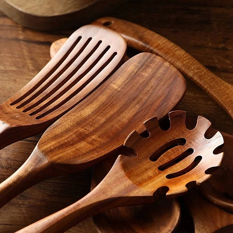 Set d'Ustensiles Cuisine Bois Teck – Durable & Écologique, spatules et cuillères en bois de teck pour cuisson quotidienne