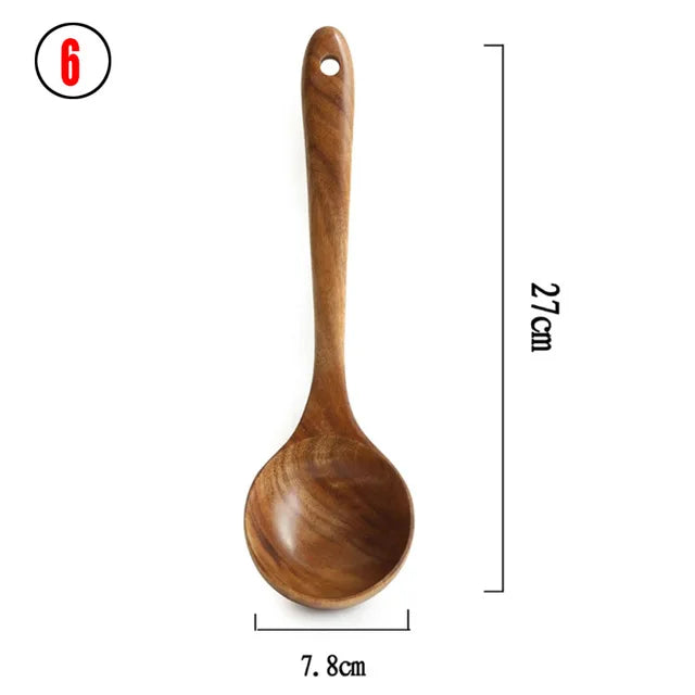Set d'Ustensiles Cuisine Bois Teck – Durable & Écologique. Louche en teck 27 cm, cuillère creuse 7,8 cm finition lisse cuisson