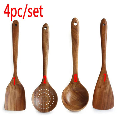Set d'Ustensiles Cuisine Bois Teck – Durable & Écologique. Ensemble 4 pièces en teck naturel spatule écumoire louche pelle