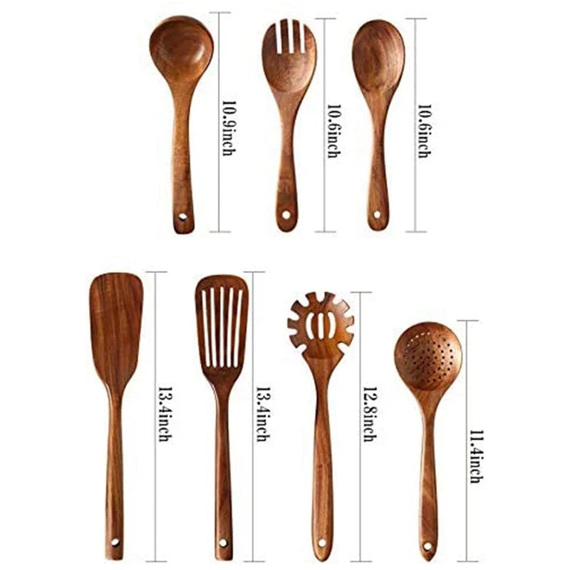 Set d'Ustensiles Cuisine Bois Teck – Durable & Écologique. Ensemble 7 pièces en teck naturel pour cuisson, manches percés