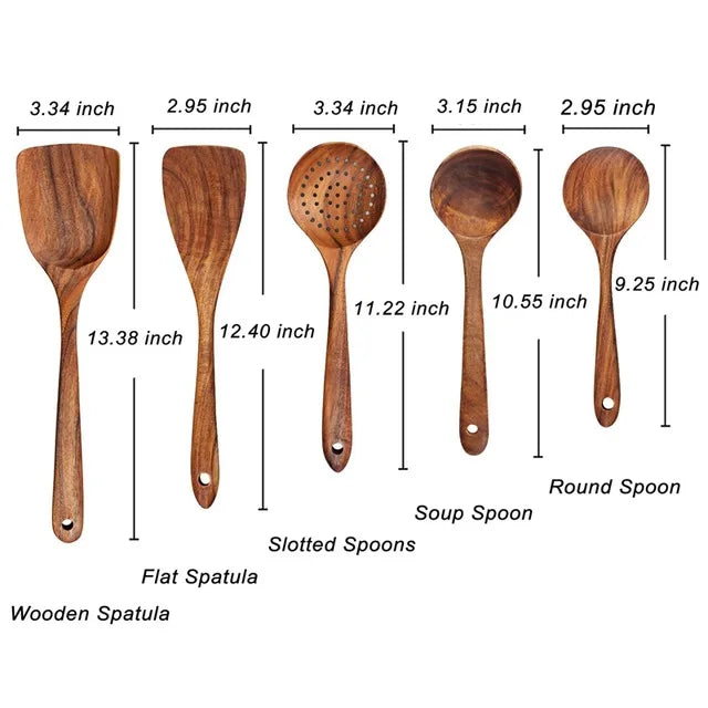 Set d'Ustensiles Cuisine Bois  – Durable & Écologique. Ensemble 7 pièces en teck: spatules, cuillères, louche et écumoire.